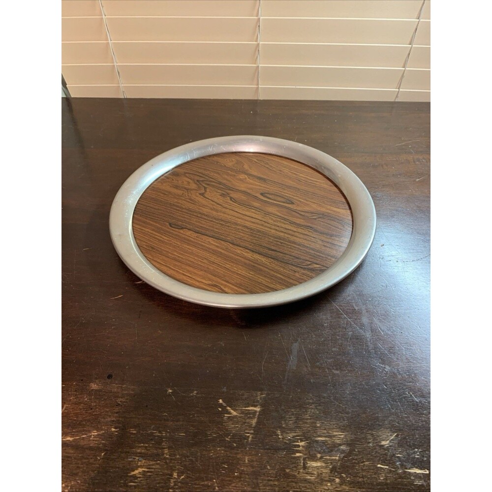 Vintage 14” Round Pewter And Wood Serving Platter